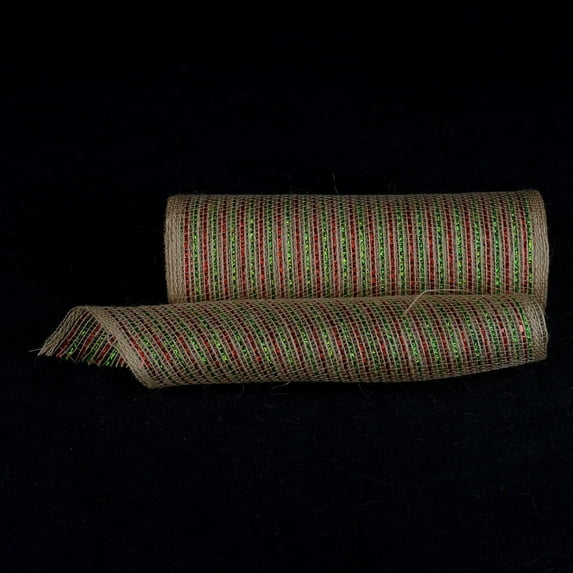 BBCrafts Natural Burlap Christmas Deco Mesh With Green Red Gold Metallic Stripes - 10 Inch x 10 Yards