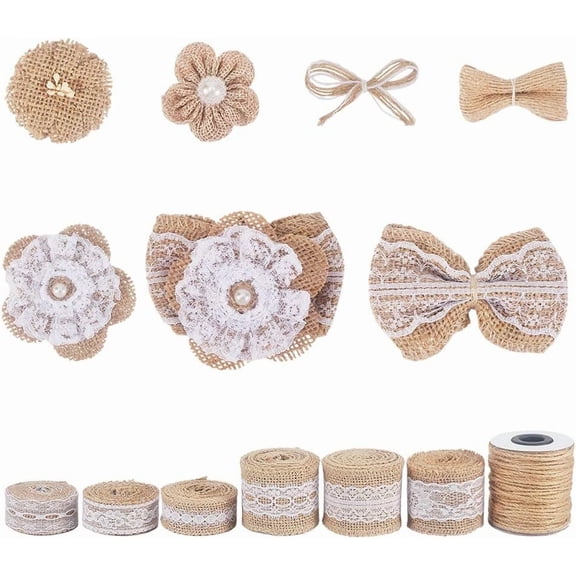 Natural Burlap Flowers Set Tan Handmade Imitation Hemp Costume with Imitation Pearl for DIY Craft Bouquets Home Wedding Christmas Party Decoration Tan