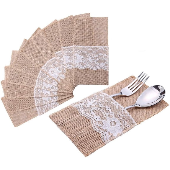 Natural Burlap Lace Jute Cutlery Pouch Knifes Forks Bag Burlap Silverware Holders Wedding Christmas Party Decor Table Cutlery Holder Set of 10