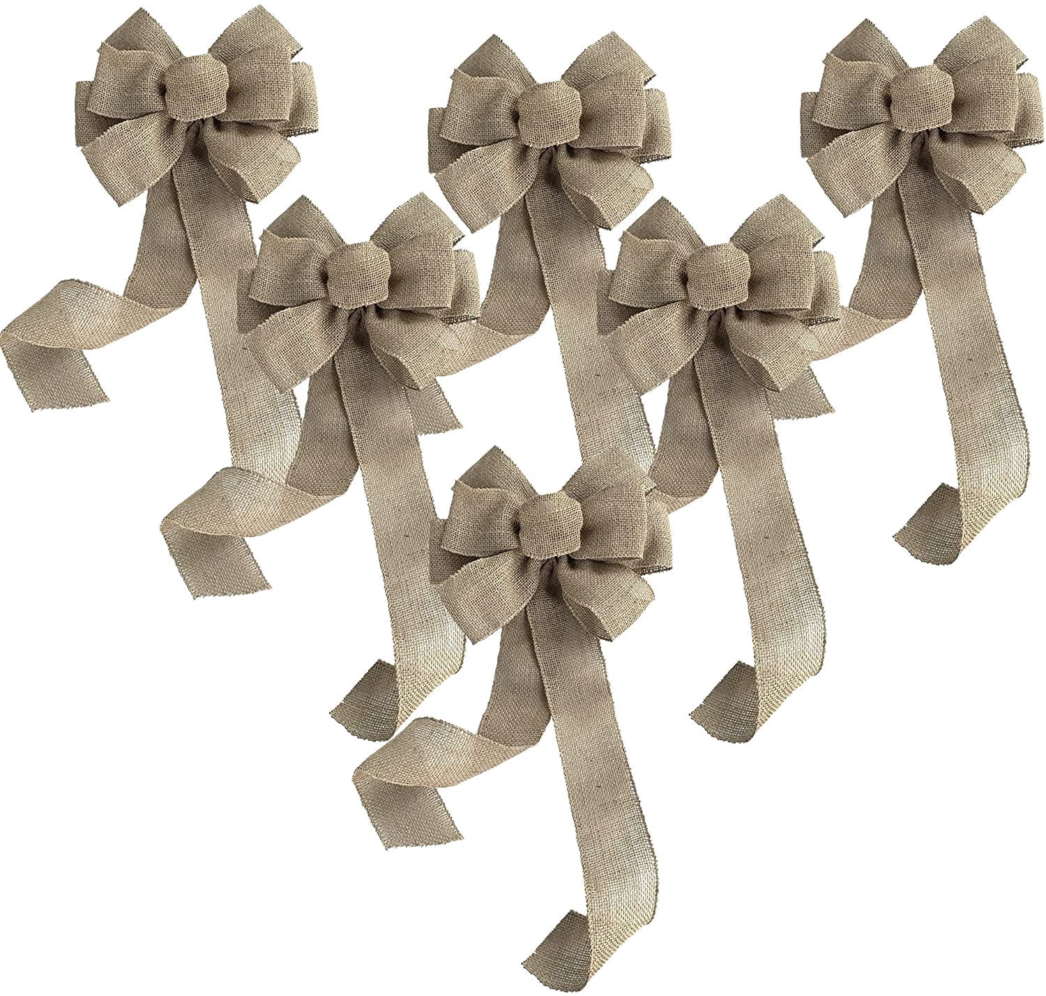 Natural Burlap Ribbon Wedding Bows - 10" Wide, 18" Long Tails, Set of 6, 4th of July, America 250 Anniversary, Reception, Farmhouse Country, Wreath Bows, Swag, Garland, Fall, Thanksgiving, Christmas