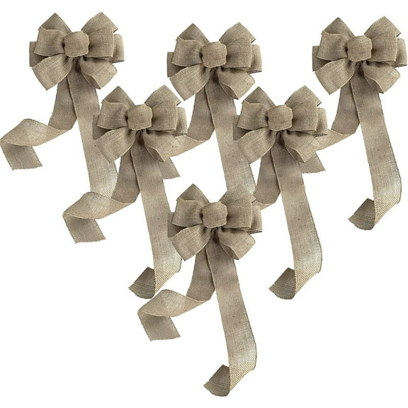 Natural Burlap Ribbon Wedding Bows - 10" Wide, 18" Long Tails, Set of 6, Fall Decor, Thanksgiving, Christmas, Reception