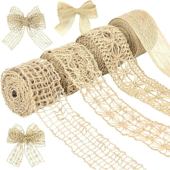 Natural Burlap Ribbons Set,Bexikou 4 Rolls Jute Lace Ribbons,4 Styles Natural Fabric Burlap,Craft Ribbon for DIY Craft Christmas Party Gift Decoration