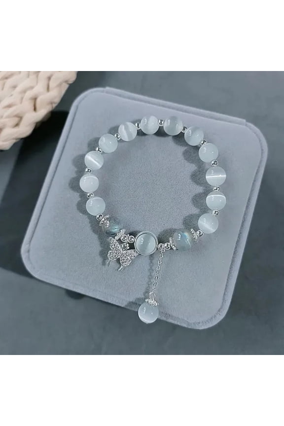 Natural Butterfly Cat's Eye Crystal Bracelet for Positive Energy & Healing, Gray Chrysoberyl Elastic Stretch Bangle for Women & Men, 1PC (16.5cm)