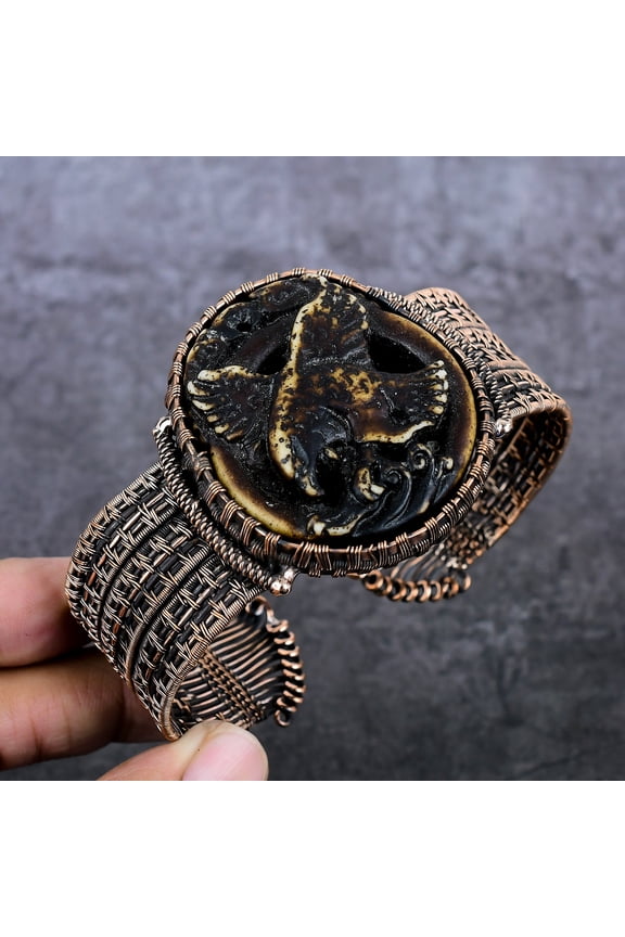 Natural Cameo Eagle Gemstone Copper Wire Wrap Cuff Bangle Adjustable