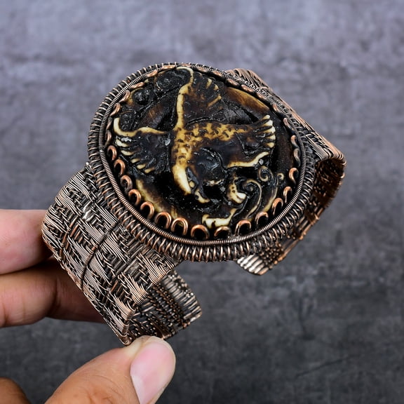 Natural Cameo Eagle Gemstone Copper Wire Wrap Cuff Bangle Adjustable