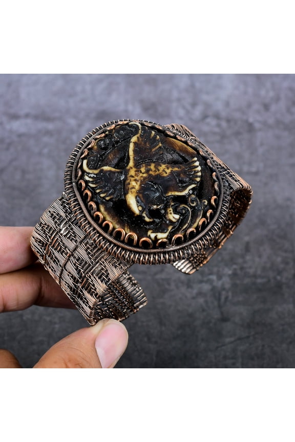 Natural Cameo Eagle Gemstone Copper Wire Wrap Cuff Bangle Adjustable