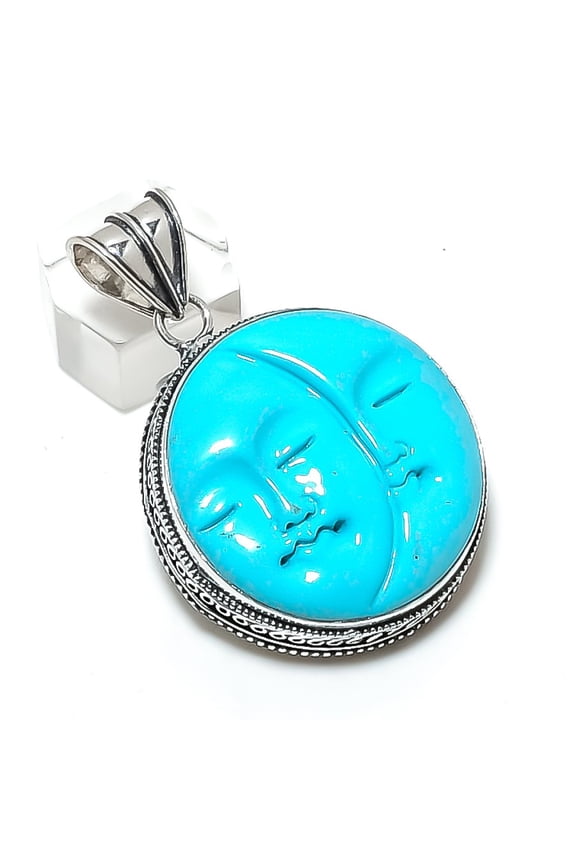 Natural Cameo Moonface Gemstone 925 Sterling Silver Jewelry Pendant 2.09"