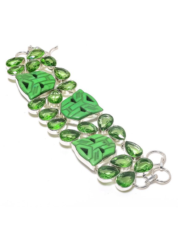 Natural Cameo, Tsavorite Gemstone 925 Sterling Silver Bracelet 7-8"