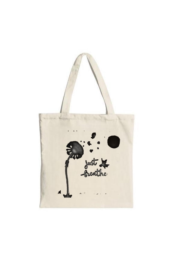 Natural Canvas Tote Bag with Black Design & ' Just Breathe ' Cursive Perfect for Shopping Travel & Parties
