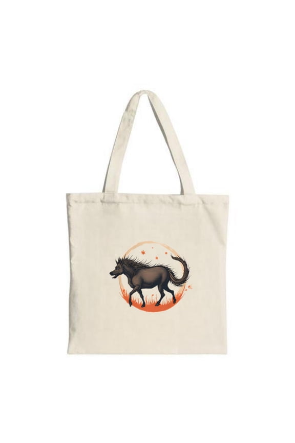 Natural Canvas Tote Bag with Dark Brown Horse in Motion Orange Circular Background Grass Base and Celestial Stars - Perfect for Shopping & Travel