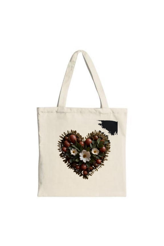 Natural Canvas Tote Bag with Heart-Shaped Floral Design & Daisy Center Perfect for Shopping Travel & Parties - Stylish & Reusable