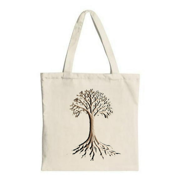 Natural Canvas Tote Bag with Intricate Tree Design - Sturdy Handles Perfect for Shopping Travel and Parties