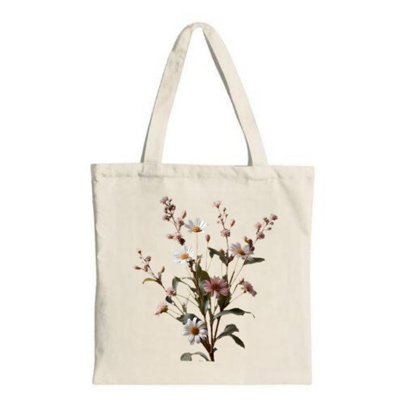 Natural Canvas Tote Bag with Pink & White Floral Bouquet Design Perfect for Shopping Travel & Parties - Stylish & Reusable