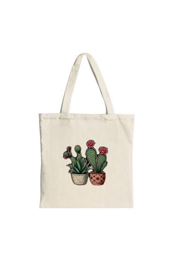 Natural Canvas Tote Bag with Potted Plants Design - Green Leaves & Red Flowers Sturdy Handles Perfect for Shopping & Travel