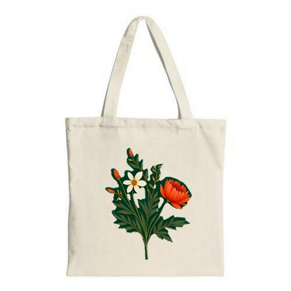 Natural Canvas Tote Bag with Red White Flower Design Dark Green Outlines Perfect for Shopping Travel & Parties
