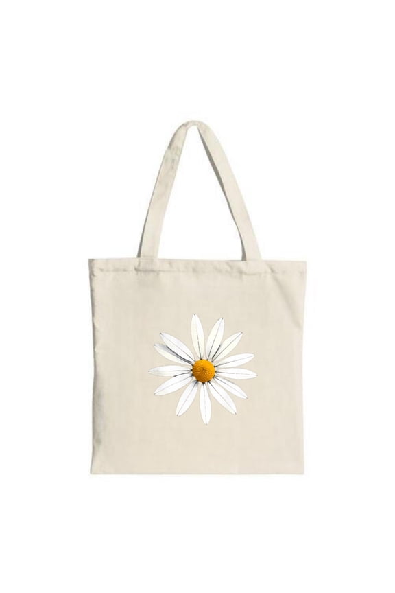 Natural Canvas Tote Bag with Single Daisy Design - White Petals & Yellow Center Perfect for Shopping Travel & Parties