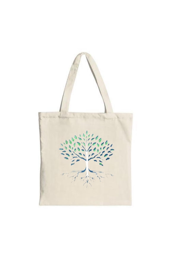 Natural Canvas Tote Bag with Tree Design Green & Blue Leaves Root - Stylish Multifunctional Perfect for Shopping & Travel