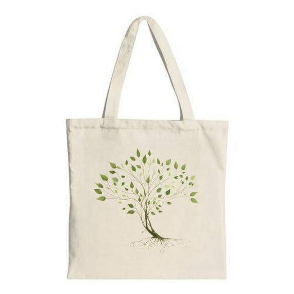 Natural Canvas Tote Bag with Tree Design Green Leaves & Roots - Perfect for Shopping Travel & Parties Eco-Friendly & Stylish