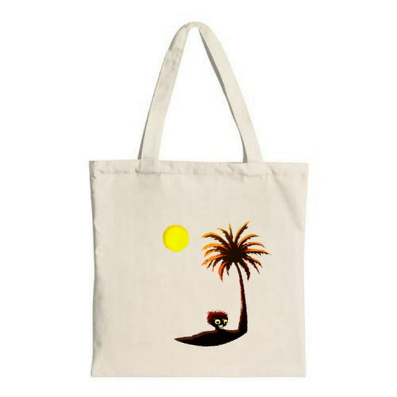 Natural Canvas Tote Bag with Yellow Sun & Palm Tree Design Silhouette of Person Beneath Tree Perfect for Shopping & Travel