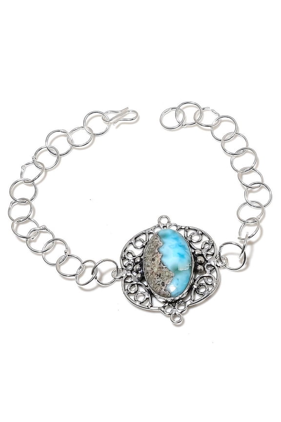 Natural Caribbean Larimar Gemstone 925 Sterling Silver Bracelet 7-8"