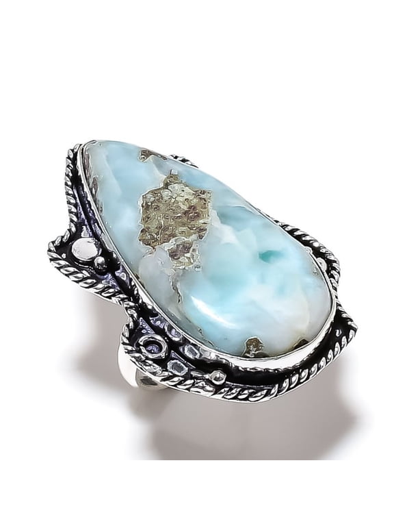 Natural Caribbean Larimar Gemstone 925 Sterling Silver Gift Ring Size 6