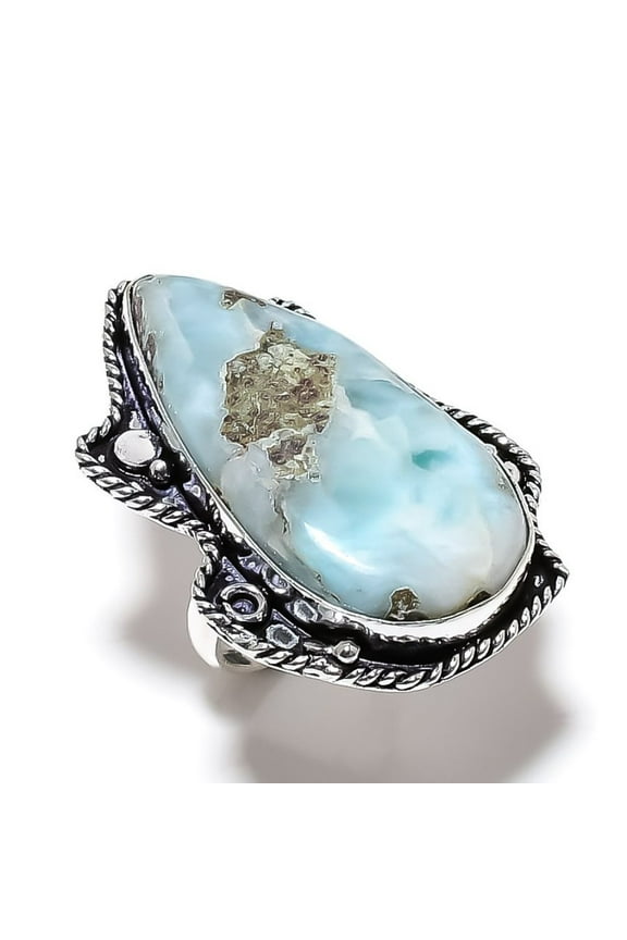 Natural Caribbean Larimar Gemstone 925 Sterling Silver Gift Ring Size 7