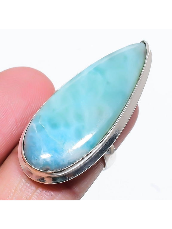 Natural Caribbean Larimar Gemstone 925 Sterling Silver Gift Ring Size 8