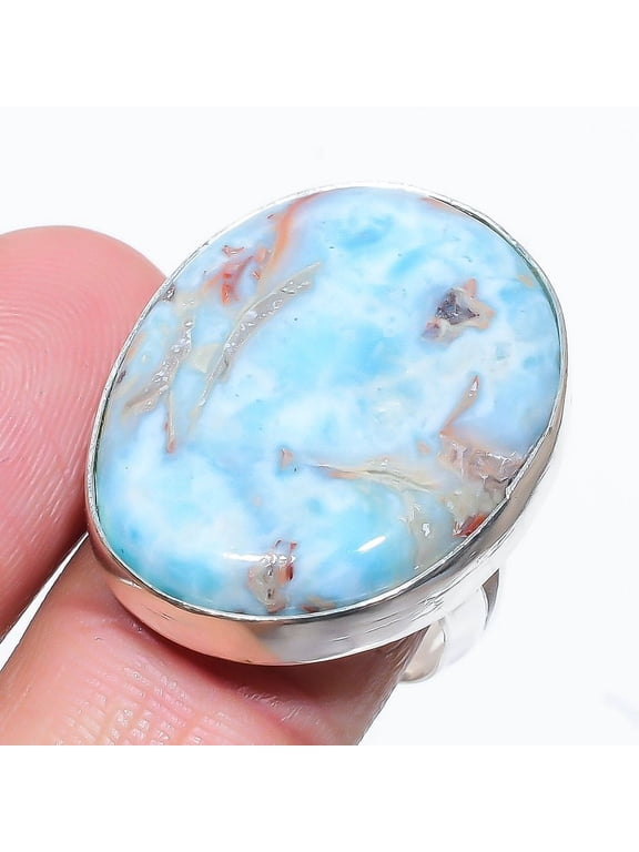 Natural Caribbean Larimar Gemstone 925 Sterling Silver Gift Ring Size 8
