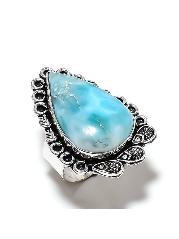 Natural Caribbean Larimar Gemstone 925 Sterling Silver Gift Ring Size 9