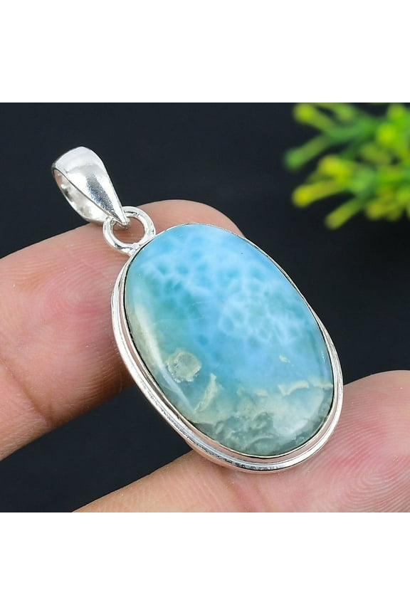 Natural Caribbean Larimar Gemstone 925 Sterling Silver Pendant 1.77"