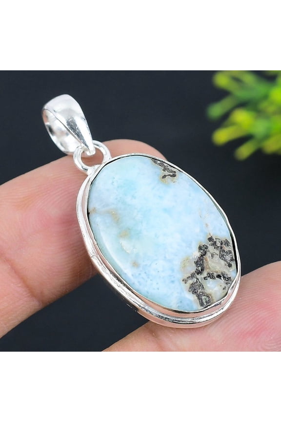 Natural Caribbean Larimar Gemstone 925 Sterling Silver Pendant 1.77"