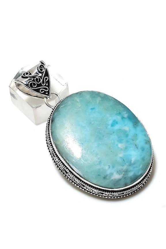 Natural Caribbean Larimar Gemstone 925 Sterling Silver Pendant 2.40"