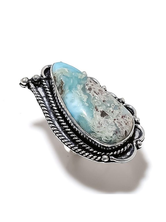 Natural Caribbean Larimar Gemstone 925 Sterling Silver Ring Size 6.5