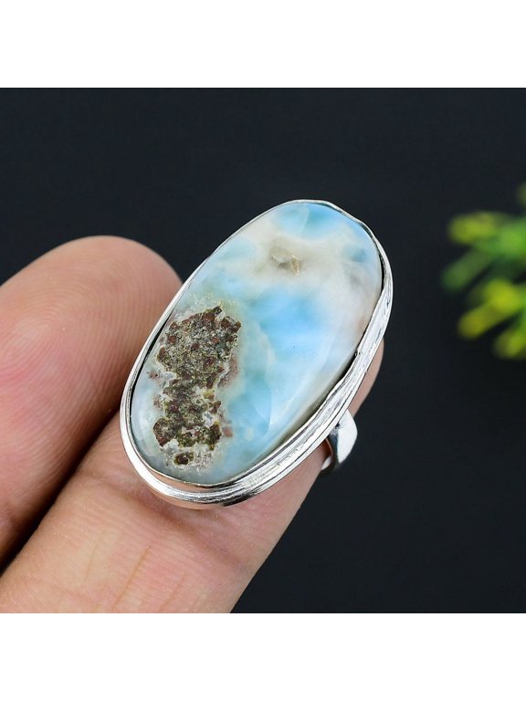 Natural Caribbean Larimar Gemstone 925 Sterling Silver Ring Size 6.5