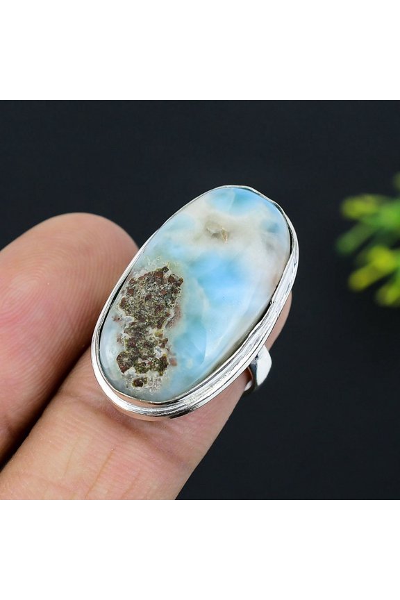 Natural Caribbean Larimar Gemstone 925 Sterling Silver Ring Size 6.5