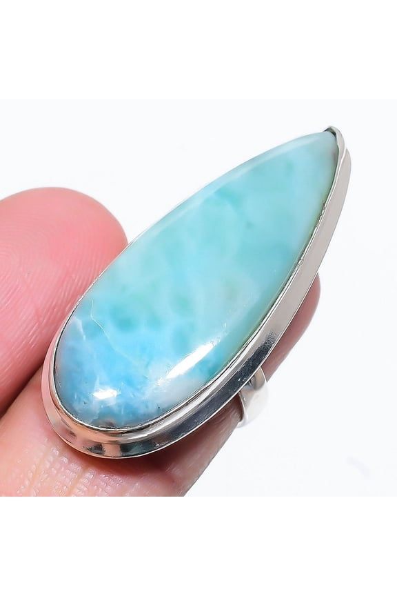 Natural Caribbean Larimar Gemstone 925 Sterling Silver Ring Size 6.5