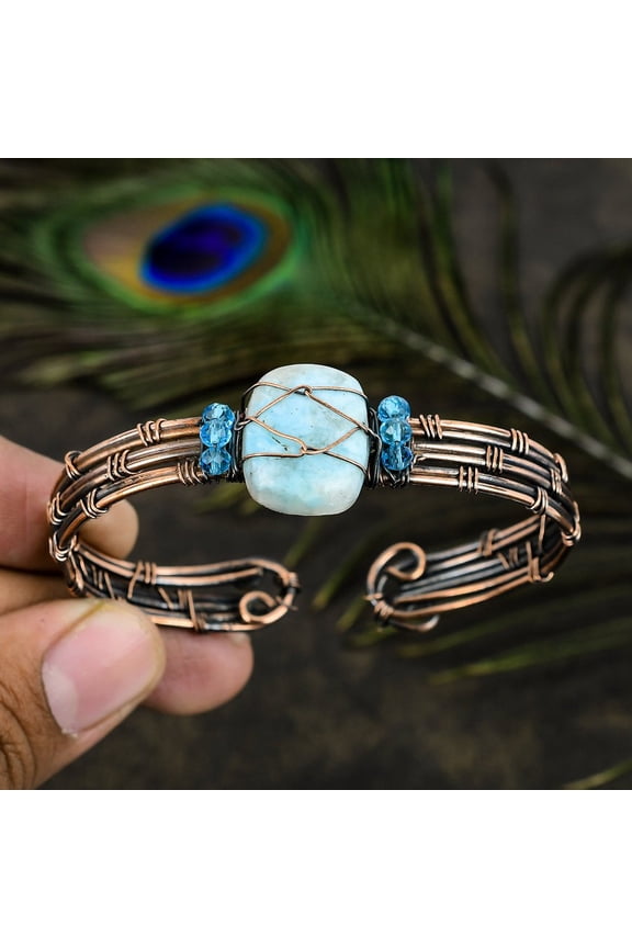 Natural Caribbean Larimar Gemstone Copper Wire Wrap Cuff Bangle Adjustable