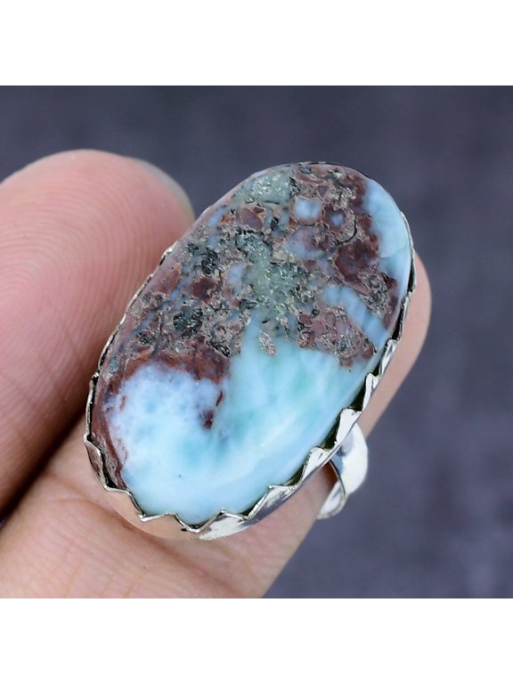 Natural Caribbean Larimar Gemstone Handmade 925 Steling Silver Ring Size 8
