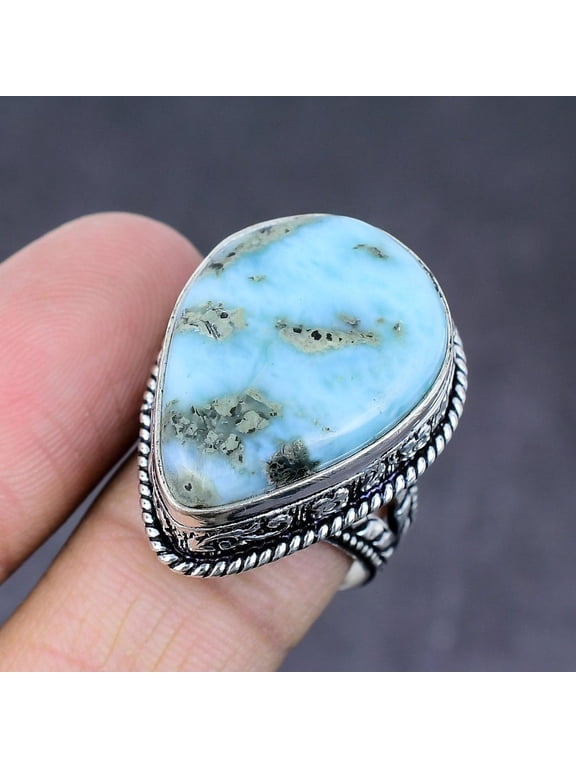 Natural Caribbean Larimar Gemstone Handmade 925 Sterling Silver Ring Size 9