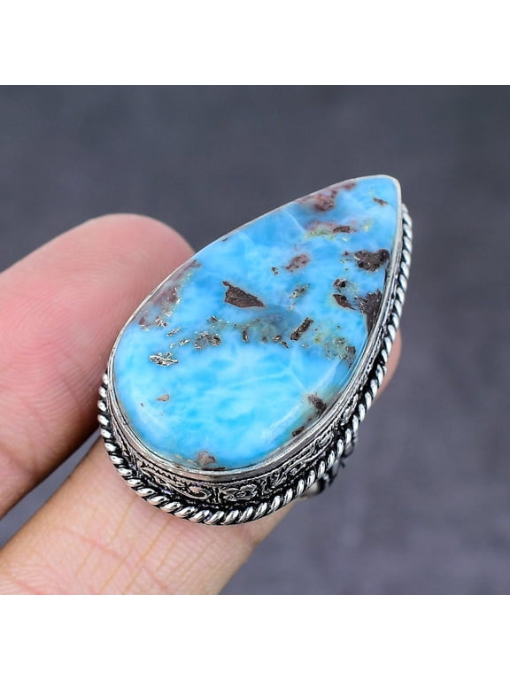 Natural Caribbean Larimar Handmade 925 Sterling Silver Ring Size 8.5