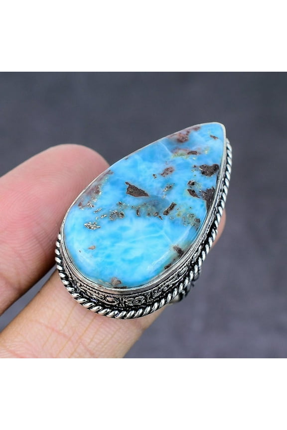Natural Caribbean Larimar Handmade 925 Sterling Silver Ring Size 8.5