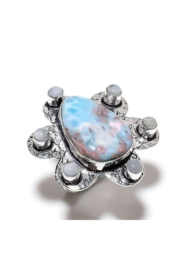 Natural Caribbean Larimar, Moonstone Gemstone 925 Sterling Silver Ring S.7