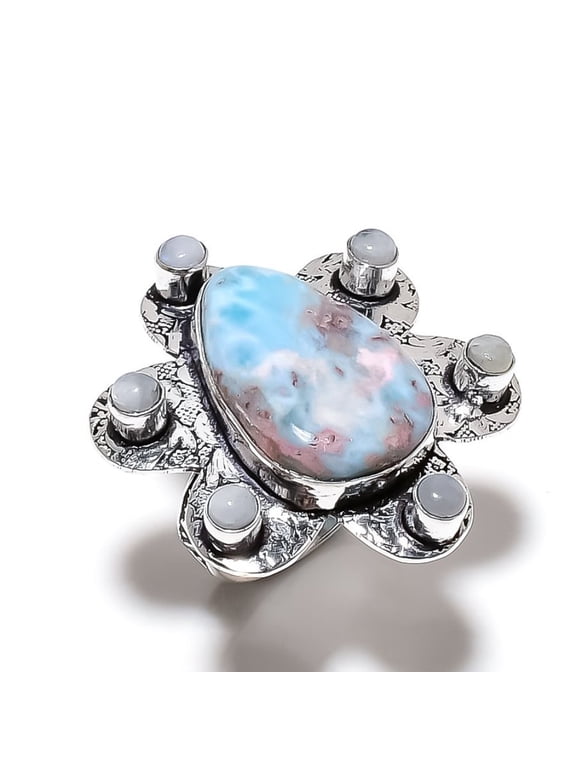 Natural Caribbean Larimar, Moonstone Gemstone 925 Sterling Silver Ring S.8
