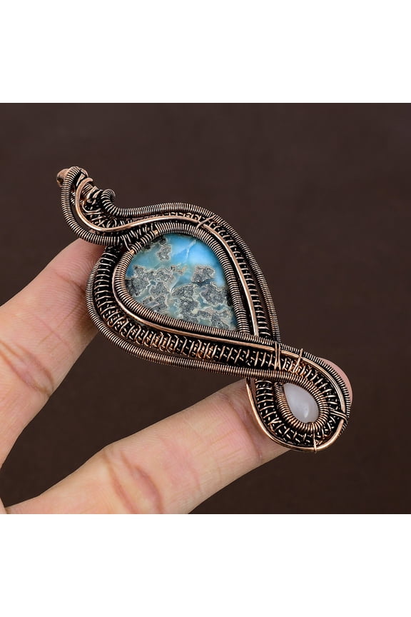Natural Caribbean Larimar,Rose Quartz Stone Copper Wire Wrap Pendant 3.54"