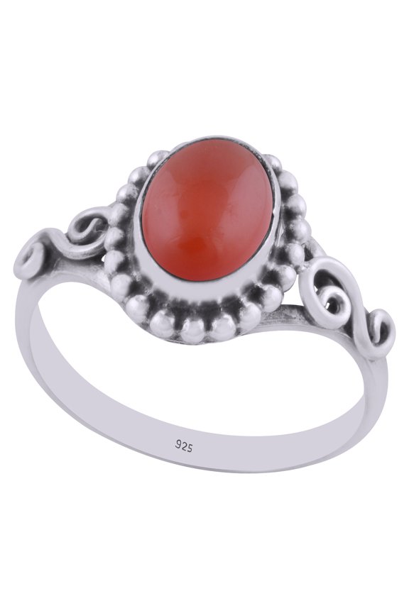 Natural Carnelian 6x8mm Cabochon Oval Shape Gemstone Surrounded by Alluring Coiling,Twisted Wire & Rawa Work Handmade 925 Sterling Solid Silver Ring For Women