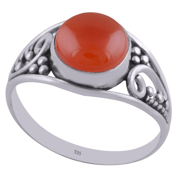 Natural Carnelian 8mm Cabochon Round Shape Gemstone Surrounded by Gorgeous Twisted Wire Coil & Rawa Work Handmade 925 Sterling Solid Silver Ring For Women