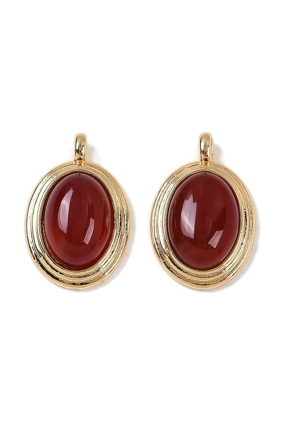 Natural Carnelian(Dyed Heated) Pendants Brass Oval Charms Real 18K golden Plated 23x15.5x6.5mm Hole: 2.5mm