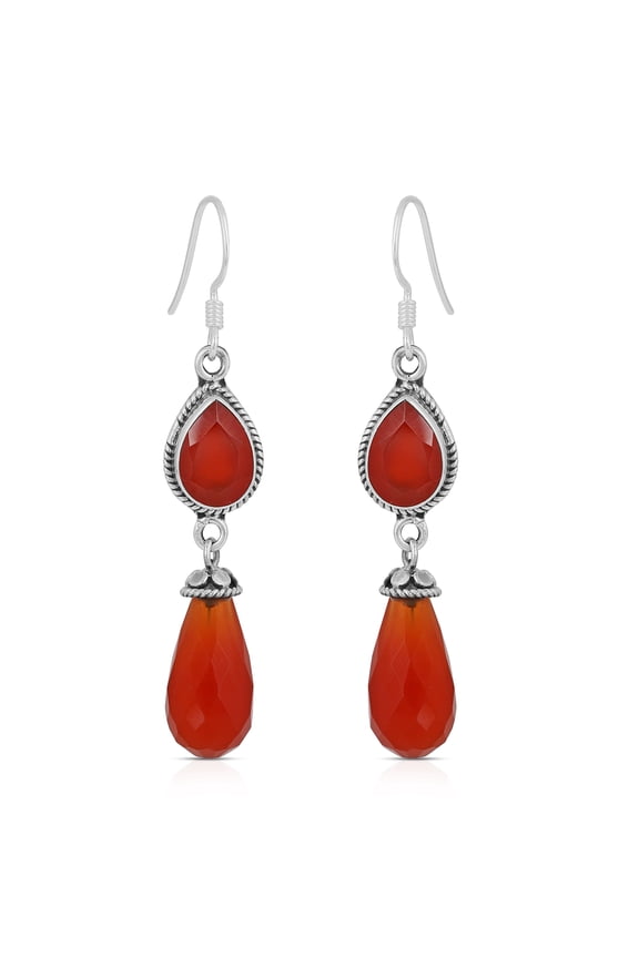 Natural Carnelian Pear-Shaped Dangle Earrings in 925 Sterling Silver – Handmade Bezel-Set Orange Gemstones with Fish Hook Backs, Jewelry Gift for Women
