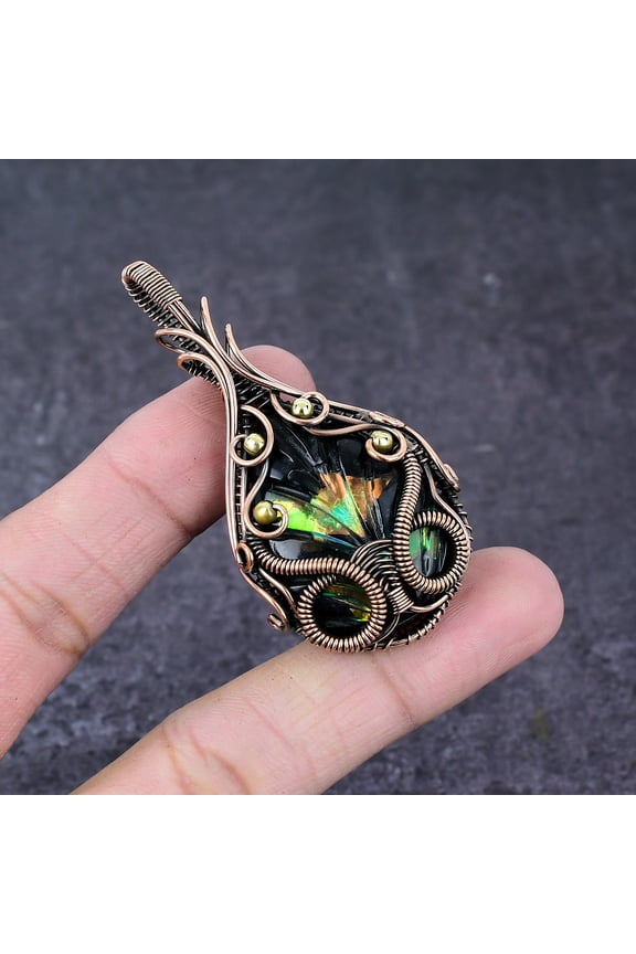 Natural Carved Ammolite Gemstone Handmade Copper Wire Wrap Pendant 2.6"
