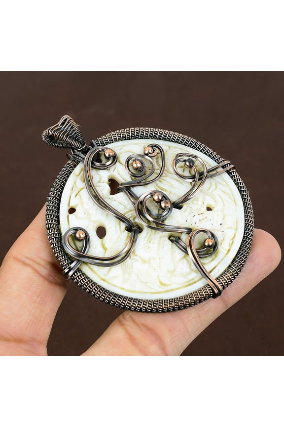 Natural Carved Mother Of Pearl Handmade Copper Wire Wrap Pendant 3.15"
